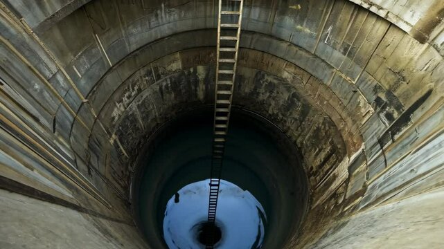 Deep vertical well with a ladder leading down to water at the bottom in an abandoned location