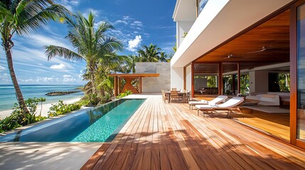Obraz premium A stunning beachfront villa featuring a pool, wooden deck, palm trees, and ocean views, perfect for relaxation and luxury living.