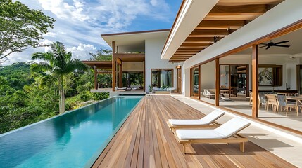 Fototapeta premium A modern villa with large windows and a pool, surrounded by lush greenery, offers a serene outdoor space with stylish lounge chairs.