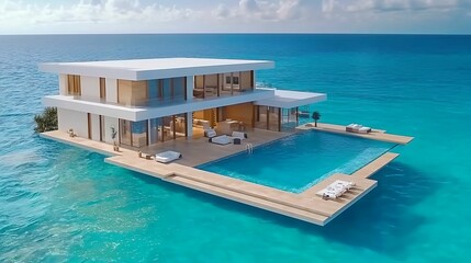 Fototapeta premium A luxurious modern villa floating over turquoise waters, featuring a spacious deck and a swimming pool, perfect for relaxation and leisure.
