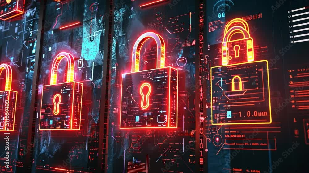Poster futuristic digital locks enhancing cybersecurity and data protection with neon technology, encryptio