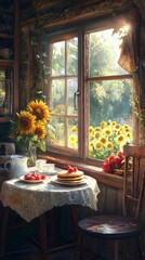A rustic farmhouse table adorned with pancakes, fresh coffee, and a bowl of fruits. Morning sunlight streams through the window, highlighting vibrant sunflowers in the garden.. AI Generation