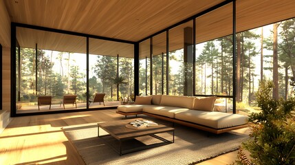 Fototapeta premium A modern, spacious living area featuring large glass windows, a cozy sofa, and views of a serene forest setting.