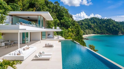 Fototapeta premium A stunning modern villa overlooking a serene beach, with an infinity pool and lush greenery surrounding it.