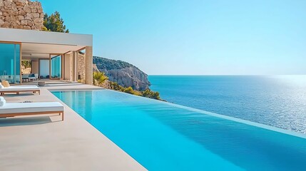 Fototapeta premium A stunning infinity pool overlooks the ocean, featuring modern architecture and a serene landscape, perfect for relaxation and luxury living.