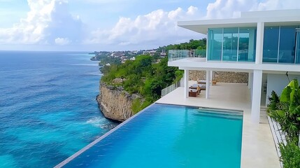 Fototapeta premium A stunning seaside villa with a clear blue pool overlooking cliffs and the ocean, surrounded by lush greenery and bright skies.