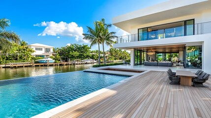 Fototapeta premium A modern waterfront home with a sleek design, featuring a pool, wooden deck, and palm trees under a bright blue sky.
