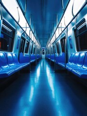 Fototapeta premium Interior perspective of a modern subway car bathed in cool blue hues