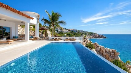 Fototapeta premium A stunning seaside villa with a swimming pool, palm trees, and a breathtaking ocean view under a clear blue sky.
