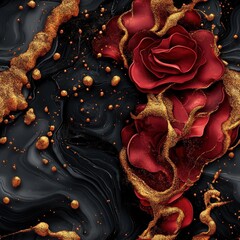 Seamless Elegant rose surrounded by rich gold and black elements creating a luxurious and opulent floral composition