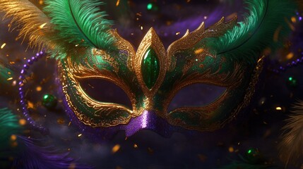 Intricate green and gold carnival mask with feathers and glittering details. Mardi Gras, Fat Tuesday, Carnival Season. Bright Parades, Masks, Festive Costumes, Vibrant Atmosphere