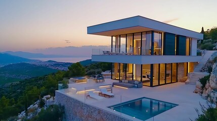 Fototapeta premium A modern villa perched on a hillside, featuring large glass windows and a swimming pool, surrounded by scenic views at sunset.
