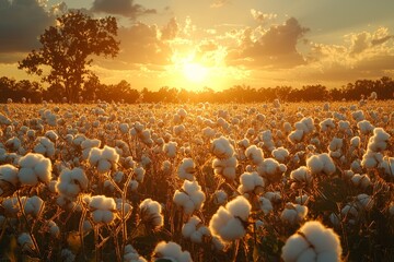 Obraz premium Fluffy cotton bolls basking in the warm glow of a gentle sunrise, capturing the natural beauty and serene essence of a tranquil morning field
