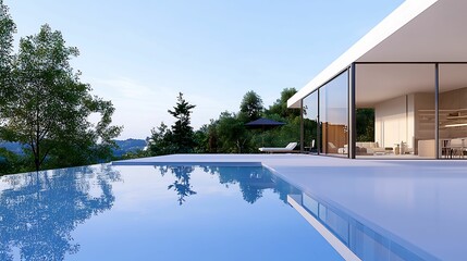 Fototapeta premium A modern house with large glass windows overlooks an infinity pool and lush greenery under a clear blue sky.