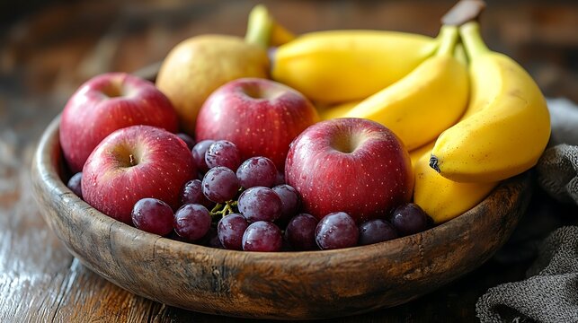 A fresh and colorful fruit basket with apples grapes and bananas on a rustic wooden table during a sunny day