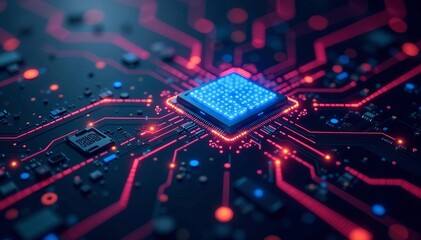 Fototapeta premium Futuristic circuit board design with glowing lines on dark tech network backdrop, design, circuit board