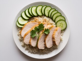 Delicious sliced chicken served on rice with fresh cucumber and cilantro garnish.