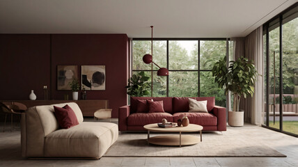This living room features a bold and stylish design. The deep red accent wall and matching sofa create a striking visual, complemented by a beige lounge chair with red cushions. 