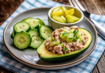 Fresh avocado filled with tuna salad served with cucumber slices and pickles on a wooden table showcasing a healthy meal option
