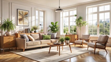 Sunlit Living Room with Mid-Century Modern Furniture and Abundant Greenery