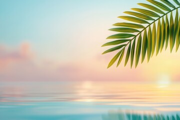 Beach at golden hour with palm trees. A serene sunset over calm waters, framed by a lush palm leaf, creating a tranquil and picturesque coastal atmosphere.