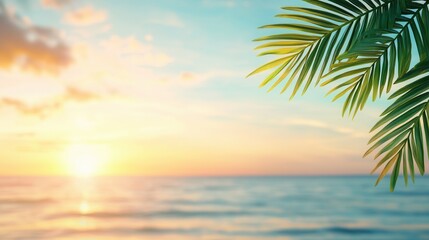 Fototapeta premium Beach at golden hour with palm trees. A serene beach sunset with palm leaves framing the scene, showcasing vibrant colors of the sky and calm ocean waters.