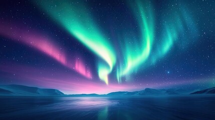 Naklejka premium Aurora borealis northern lights concept. Stunning aurora borealis lights up the night sky over a serene landscape.