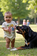 A smiling Black baby is being gently licked by a friendly dog in a sunny park. The background shows green trees and children playing