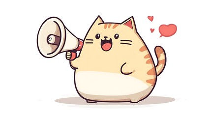 Cute chubby cat announcing with megaphone.
