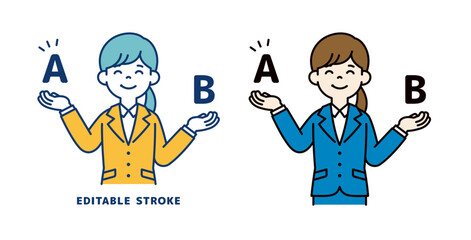 2つを比較検討して解決した、若い女性会社員のベクターイラスト素材＿線幅の編集可能