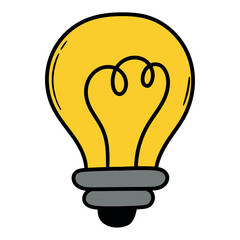 Hand drawn cartoon yellow light bulb on white background.