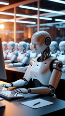 In a warmly lit, futuristic workspace, a sleek white, humanoid robot sits prominently at a desk