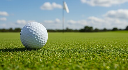 Obraz premium Golf ball resting on a pristine green fairway.