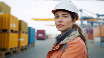 Female caucasian young adult engineer at shipping dock in protective gear