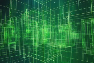 Abstract Green Digital Cityscape Wireframe Visualization Futuristic Technology Network Grid Structure