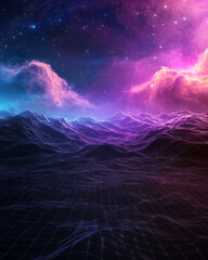Bold futuristic composition blending neon holographic grids with organic geometric forms, all set