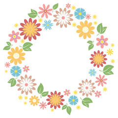 Round floral wreath with copy space. Wild flowers and leaves botanical border. Spring summer flowers template for postcard, banner, flyer, sale, wedding invitation. Vector graphics