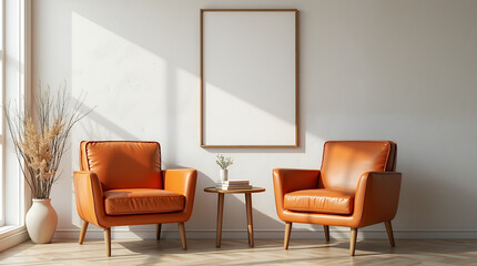 Two orange leather armchairs against stucco wall with poster frame. Mid century home interior design of modern living room. 