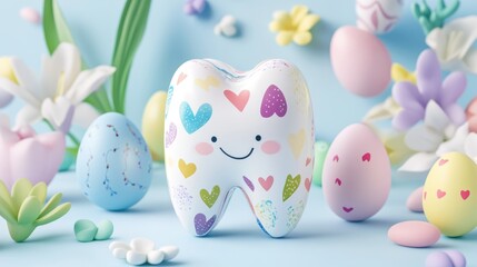 Colorful cartoon tooth with easter eggs and floral decorations. Easter, Pascha, Paskha, Ostern, Pascua, Paques - Orthodox and Catholic Holiday celebration