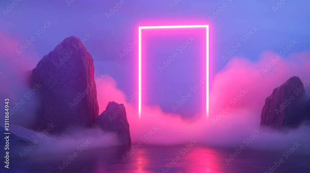 Fototapete Surreal composition featuring angular neon grids and holographic polygons floating in a moody cyber