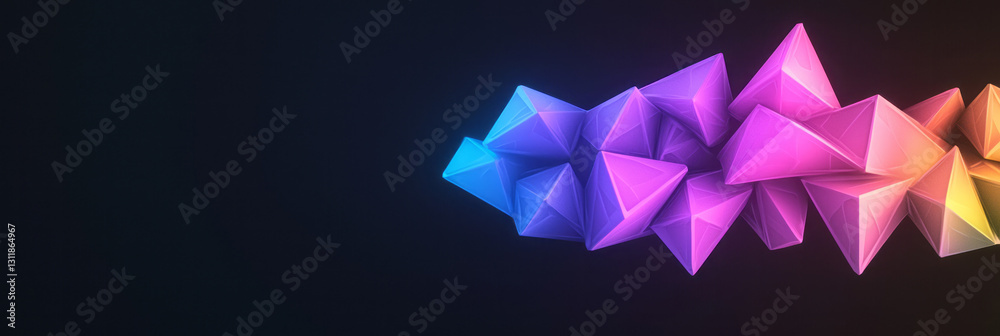 Poster Bold editorial style capturing a network of vibrant neon polygons casting stark shadows on a black