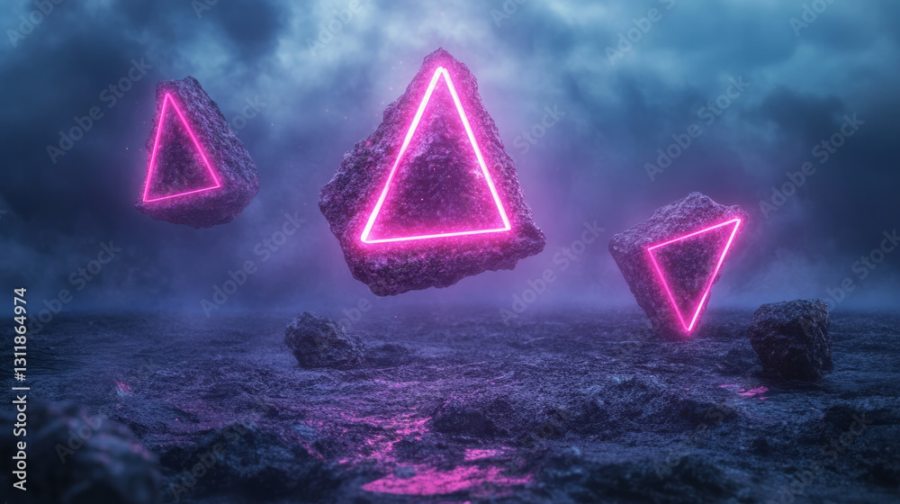 Poster Surreal composition featuring angular neon grids and holographic polygons floating in a moody cyber