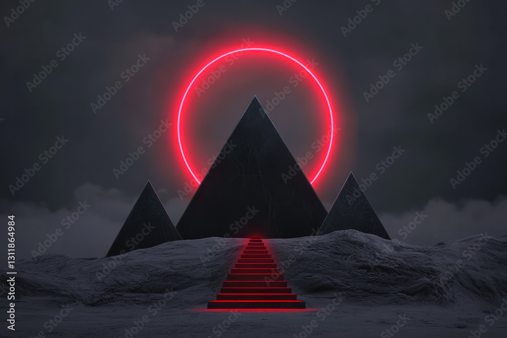 Poster minimalist design showcasing a central neon orb surrounded by sharp, radiant geometric lines, all