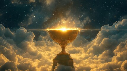 A stunning golden cup radiates light, set against glowing clouds and a starry backdrop. The image conveys triumph, inspiration, and celestial elegance.. AI Generation