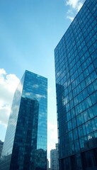 Obraz premium Office buildings with glass facades reflecting blue sky, corporate, architecture