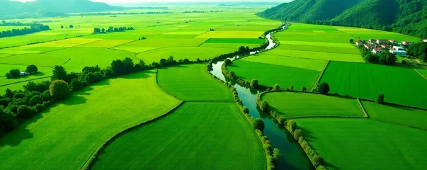 Photo sur Plexiglas Overhead shot of a vibrant agricultural landscape with lush green fields and winding rivers, environment, agriculture