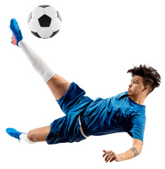 Dynamic image of determined man, soccer player in blue uniform hitting ball in motion and falling down isolated on transparent background. Concept of sport, competition, tournament, games