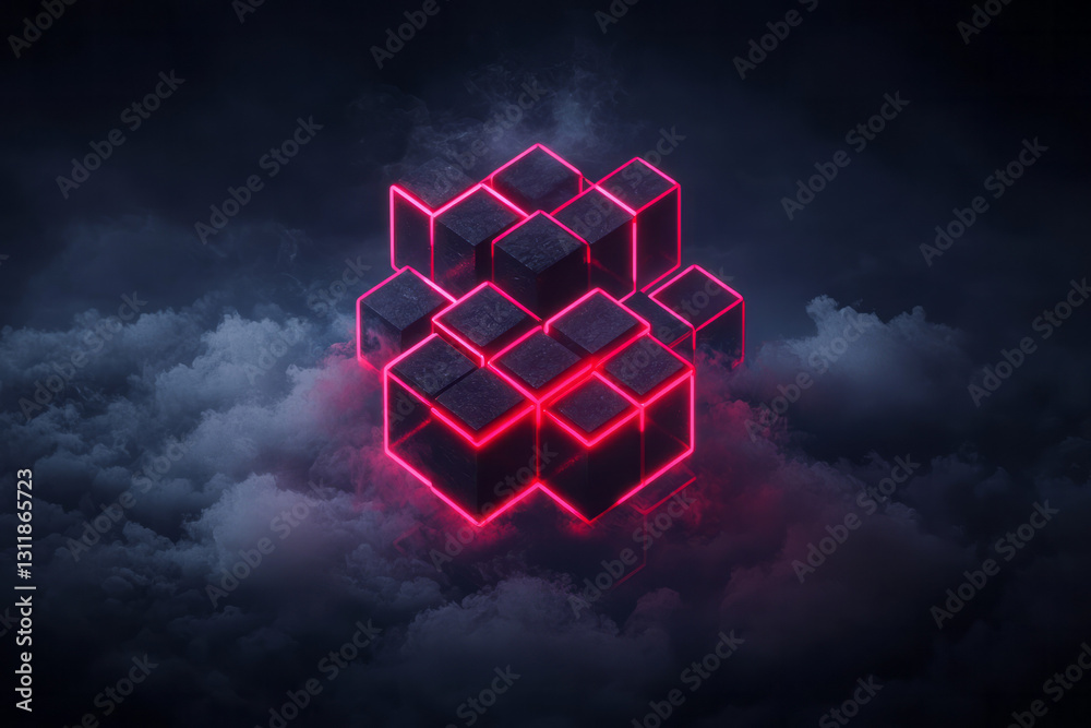 Aufkleber A dynamic composition of geometric neon structures suspended in a deep digital abyss, blending