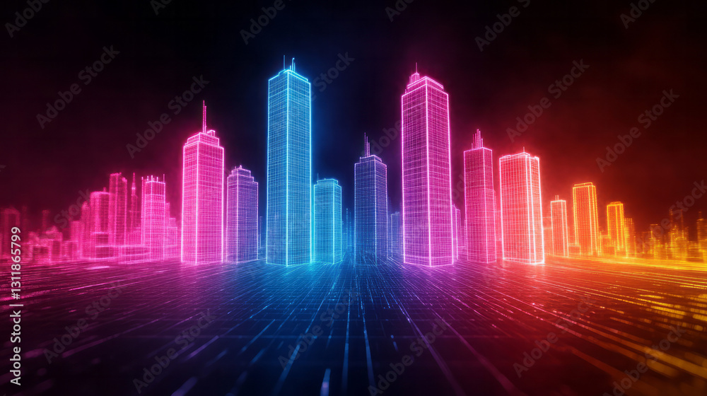 Poster a surreal scene of futuristic skyscrapers outlined in vibrant neon, their reflections merging with