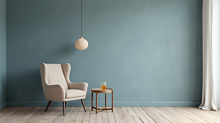 
Scandinavian interior design of modern living room, home. Classic beige wing chair and rustic side table against blue venetian stucco wall. 